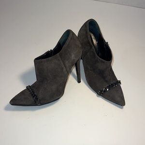 All Saints Suede Leather Kiss Heeled Chain Booties, size 38